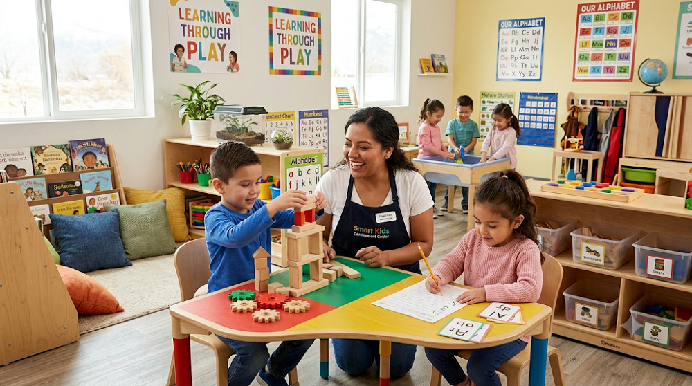 This vibrant classroom scene showcases the seamless integration of structured and play-based learning that Smart Kids Development Center advocates. In this photograph, a young boy focuses intently on an architectural block structure while a girl diligently traces letters alongside him, representing the ideal balance of cognitive development and hands-on discovery